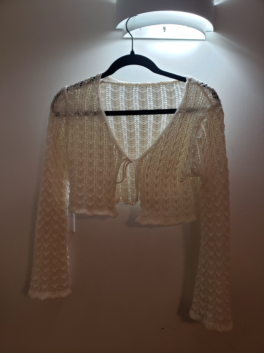 Crochet Knit Tie-Front Cropped Cardigan - Cream